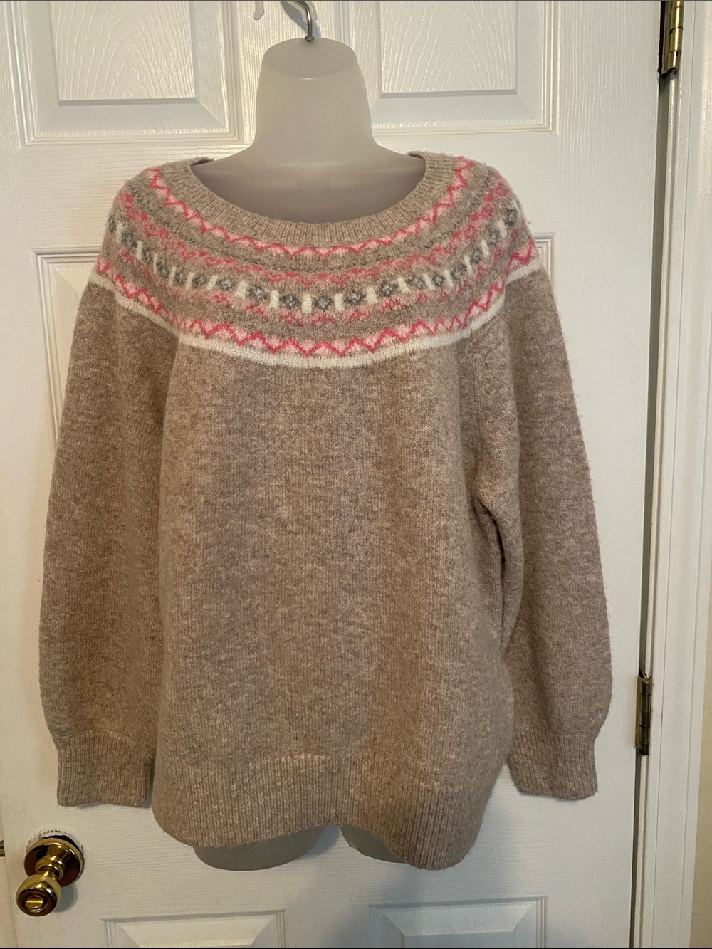 Ninety Clothing Co. Cozy Taupe Fair Isle Sweater with Pink Accents